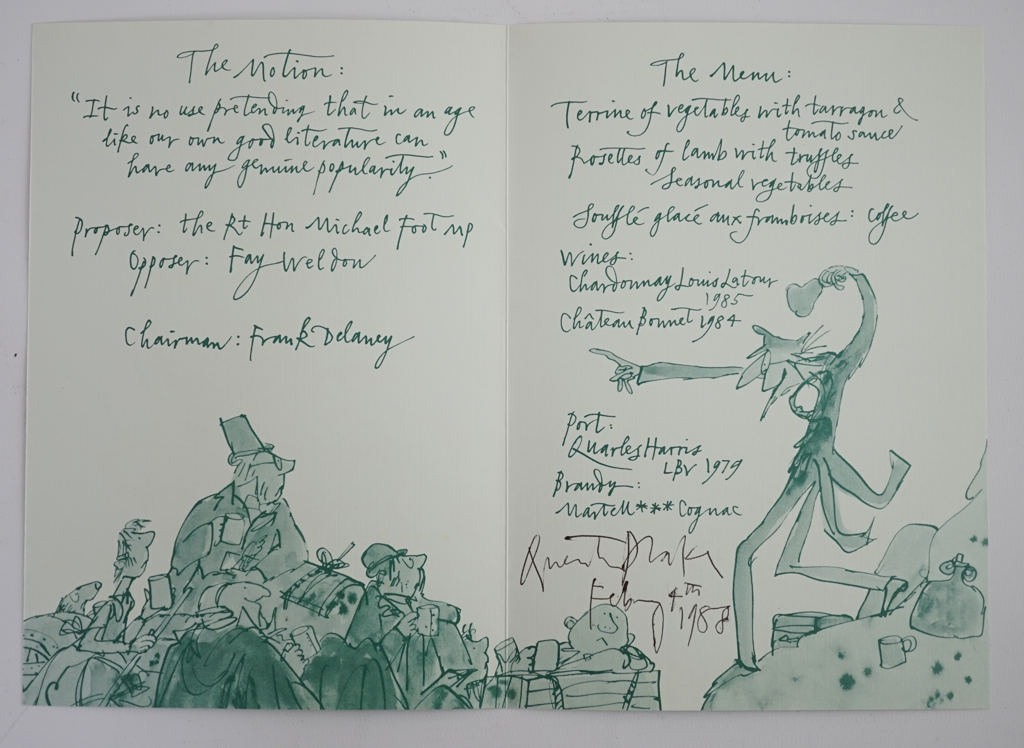 Quentin Blake illustrated menu, signed by Quentin Blake, produced for the Fourth Folio Literary Dinner and Debate at the Merchant Taylor’s’ Hall Thursday 4 February 1988, signed and dated by Blake. Condition - good